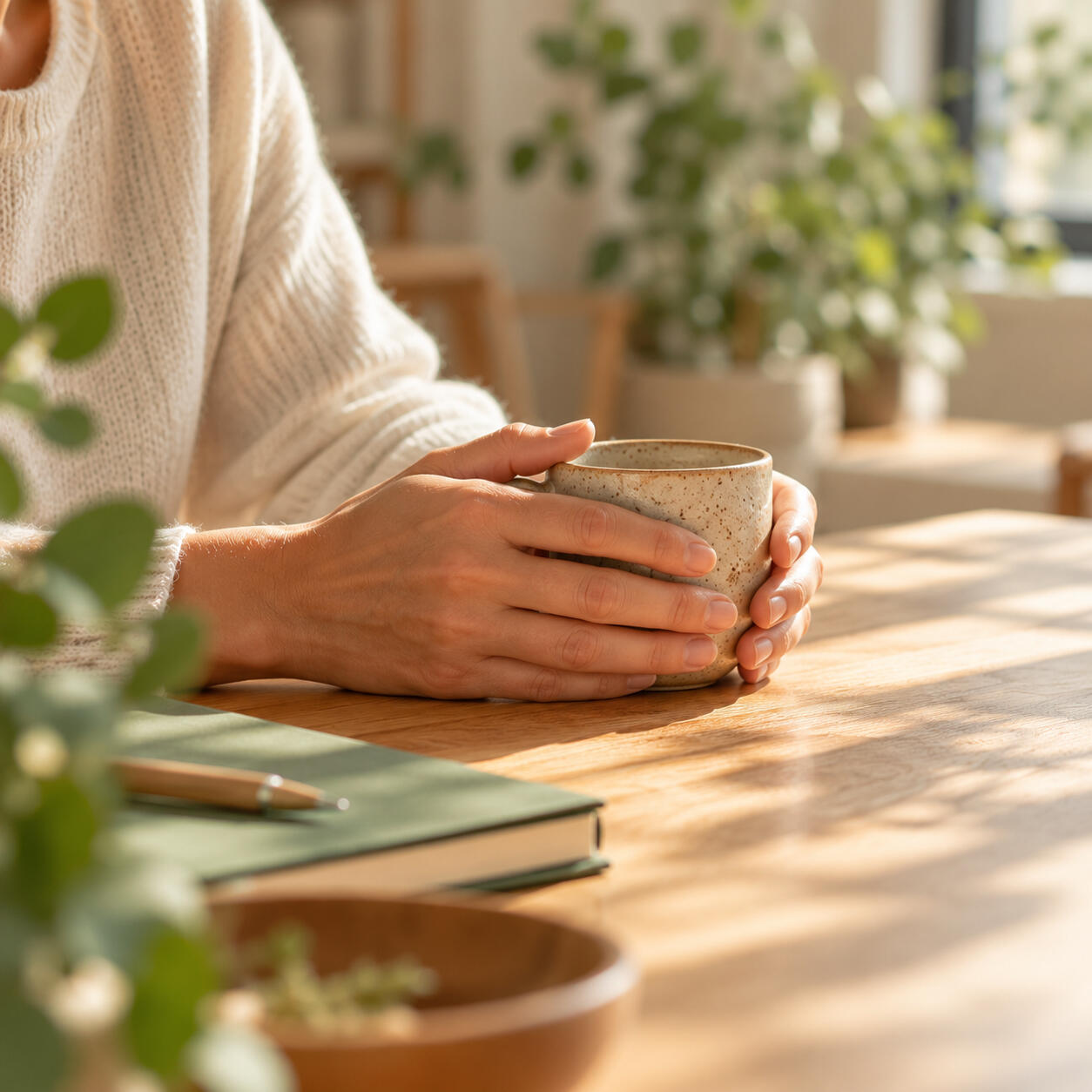 Prendre soin de soi Table en bois avec une tasse